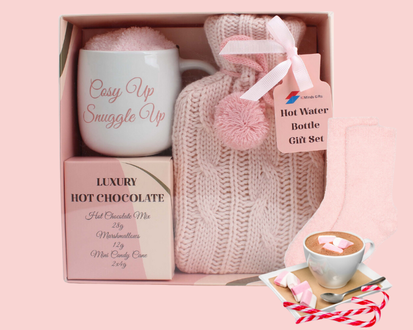 Luxury Hot Chocolate Gift Set with Hot Water Bottle, Mug, Marshmallows, Candy Cane & Cozy Socks – Pink Winter Gift for Women, Teens & Adults