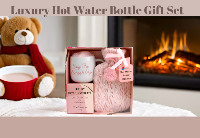 Luxury Hot Chocolate Gift Set with Hot Water Bottle, Mug, Marshmallows, Candy Cane & Cozy Socks – Pink Winter Gift for Women, Teens & Adults