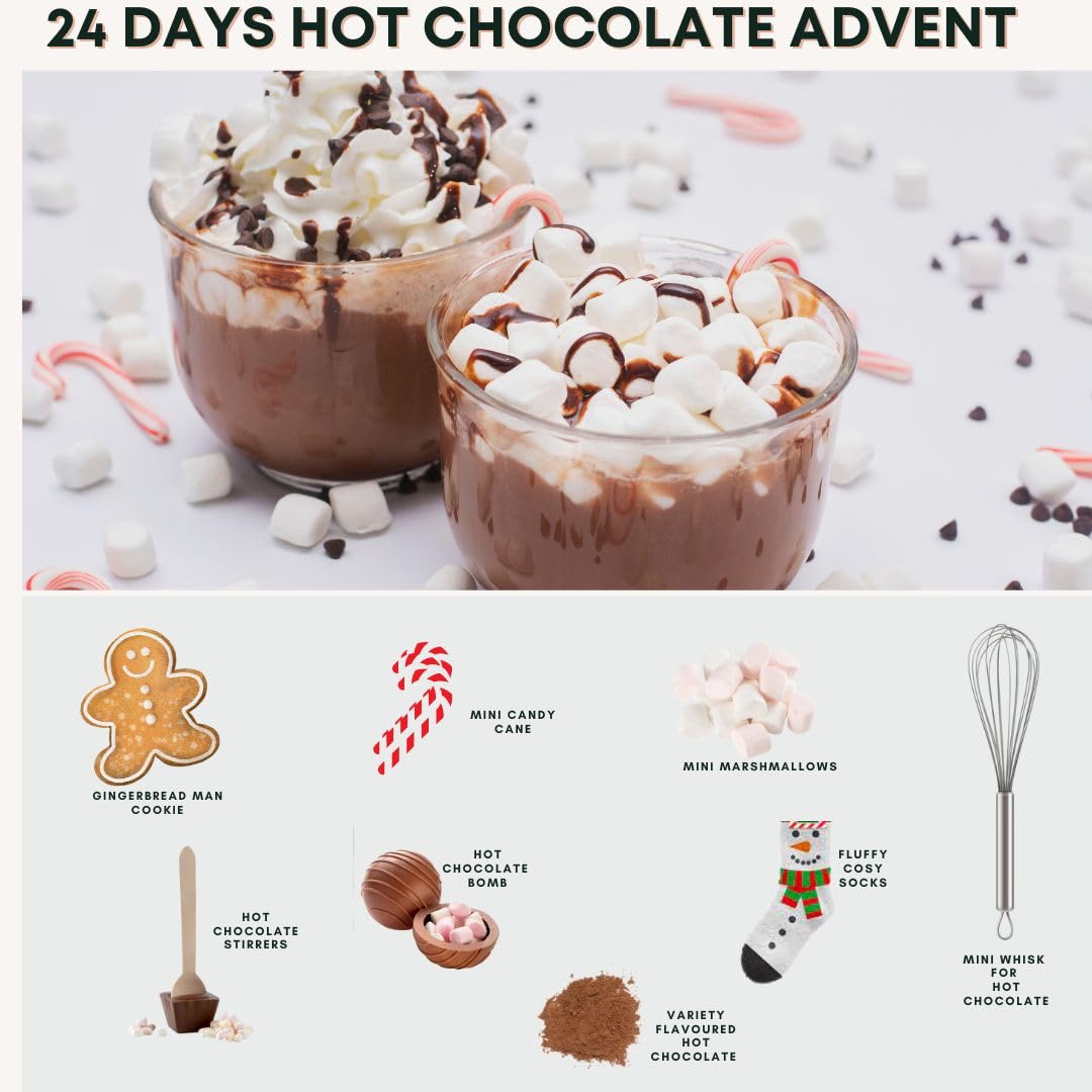 Hot chocolate advent calendar 2025 - luxury selection of flavoured hot chocolate with marshmallow toppers Christmas gingerbread men candy cane & hot chocolate stirrers with hot chocolate gifts & socks