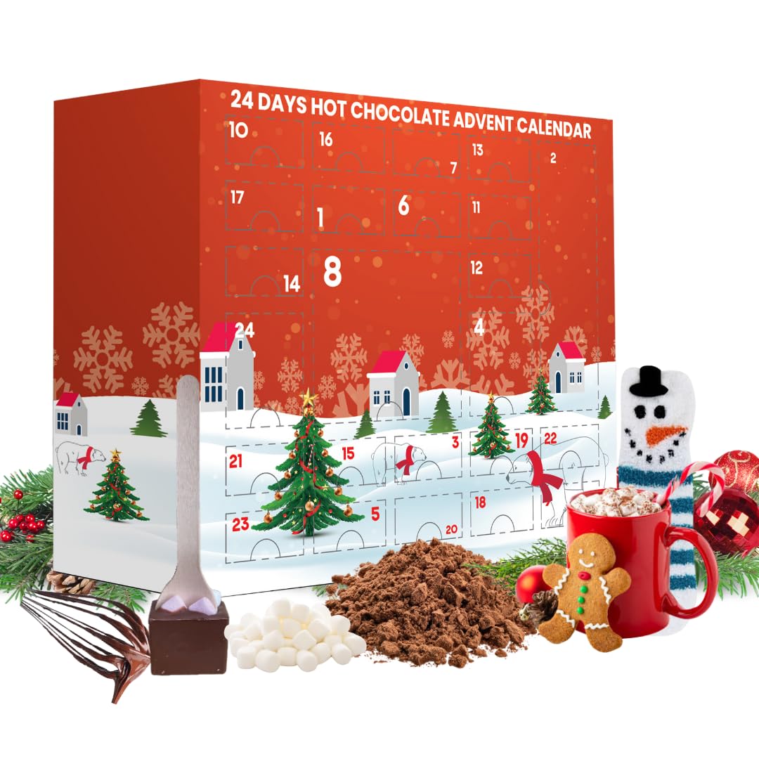 Hot chocolate advent calendar 2025 - luxury selection of flavoured hot chocolate with marshmallow toppers Christmas gingerbread men candy cane & hot chocolate stirrers with hot chocolate gifts & socks