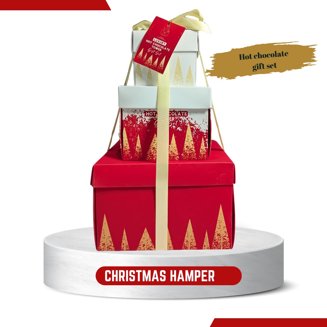 Luxury Hot Chocolate Station Tower Gift Set – Christmas Cocoa Kit with Marshmallows, Cookies, Gingerbread & Candy Canes – Festive Gift for Kids, Women, Men & Couples