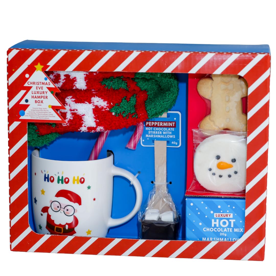 Christmas eve luxury gift hamper kids Christmas hot chocolate and marshmallow gift hamper with snowman socks, gingerbread house, candy cane, snowman mug and more gift set for kids toddlers