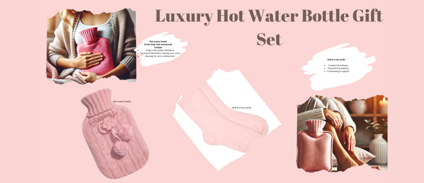 Luxury Hot Chocolate Gift Set with Hot Water Bottle, Mug, Marshmallows, Candy Cane & Cozy Socks – Pink Winter Gift for Women, Teens & Adults