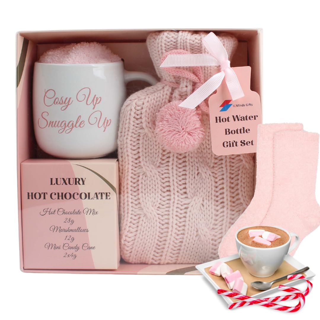 Hot chocolate mug gift set with hot water bottle mini marshmallows and christmas candy cane - cosy hot water bottle and hot chocolate gift set - gift set for women teen adults