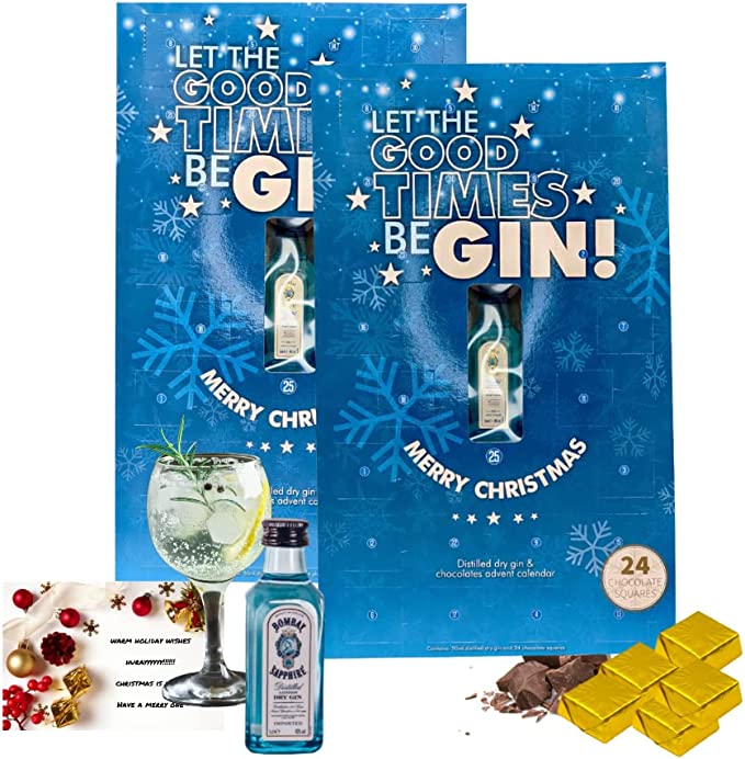 Gin gift set - bombay sapphire london dry gin 50ml with chocolate gift advent calendar 2022 - gin advent calendar 2022 - gin miniatures - adult advent calendar 2022 - gin gifts for women (1)