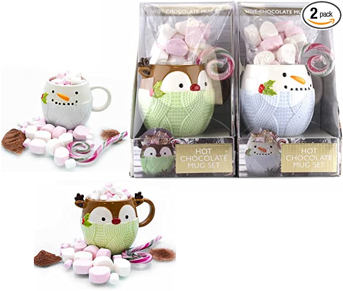 Delightful Christmas Hot Chocolate & Marshmallow Gift Set with Giant Festive Snowman and Rudolph Reindeer Mugs!