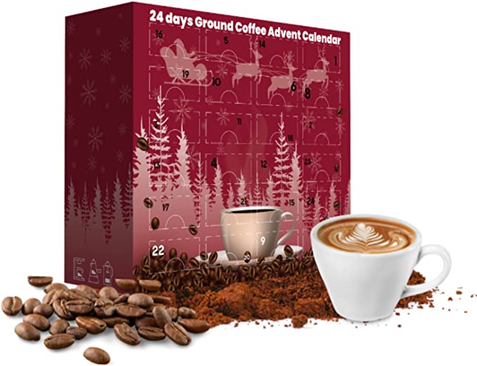 24-Day Coffee Advent Calendar 2023 - 12 Flavoured Ground Coffee Selection - Perfect Christmas Coffee Gift Set for Men and Women - Luxury Coffee Lovers' Gift