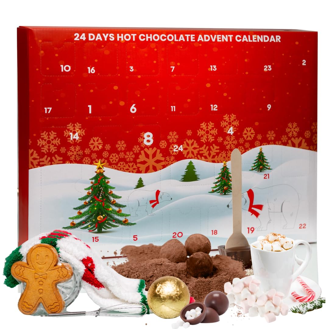 Hot chocolate advent calendar 2025 - luxury selection of flavoured hot chocolate with marshmallow toppers Christmas gingerbread men candy cane & hot chocolate stirrers with hot chocolate gifts & socks