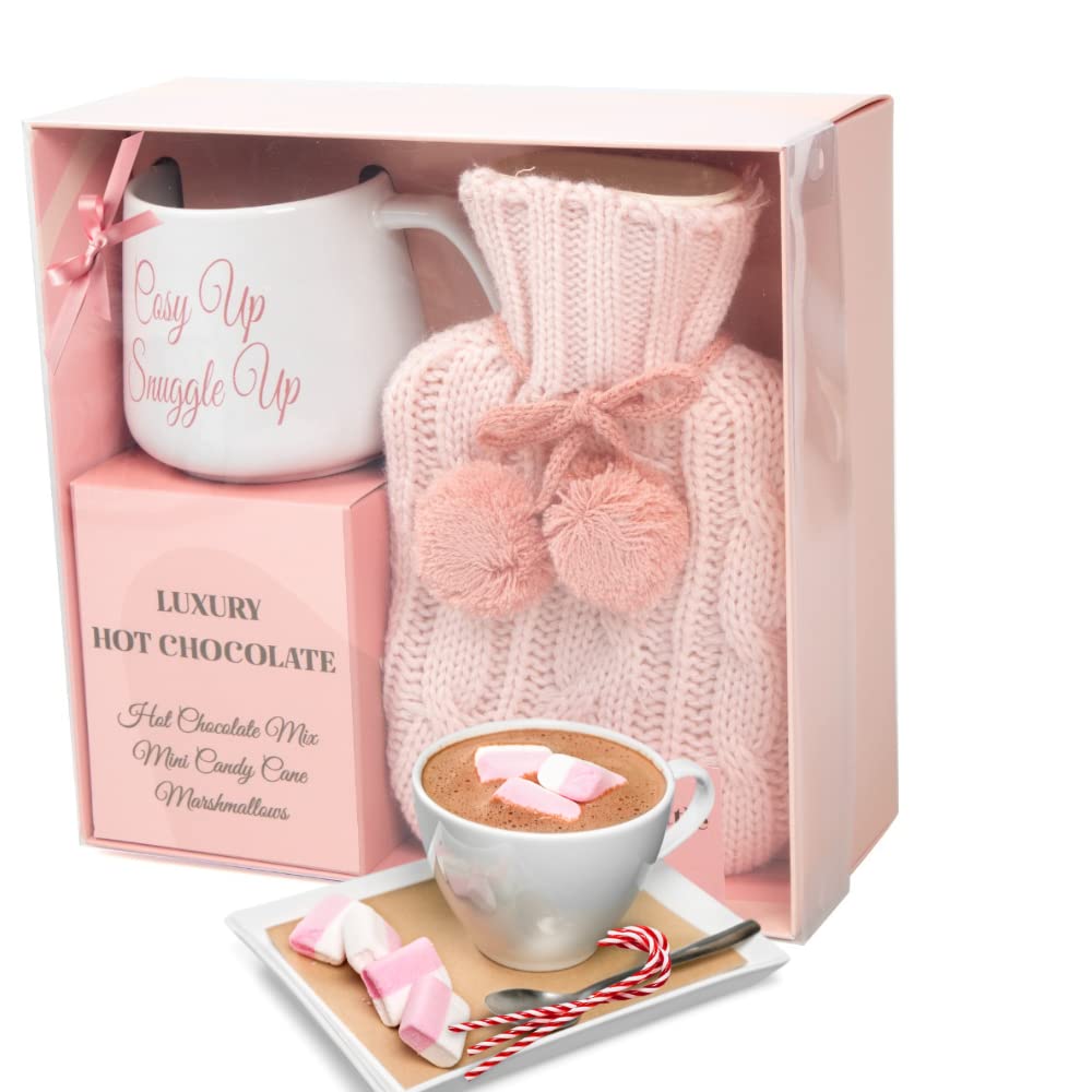 Hot chocolate mug gift set with hot water bottle mini marshmallows and christmas candy cane - cosy hot water bottle and hot chocolate gift set - gift set for women teen adults