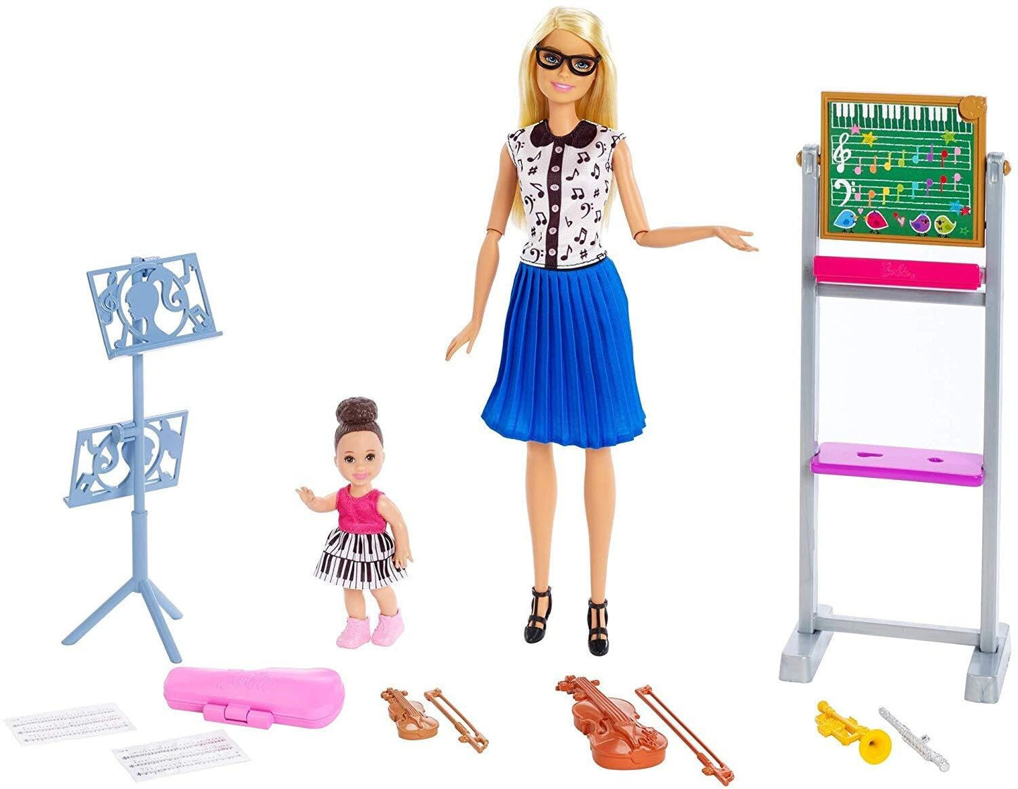 Barbie FXP18 Music Teacher Doll, Blonde and Playset with Flipping Chalkboard, Student Small Doll and 4 Musical Instruments, Multi-Colour ,3