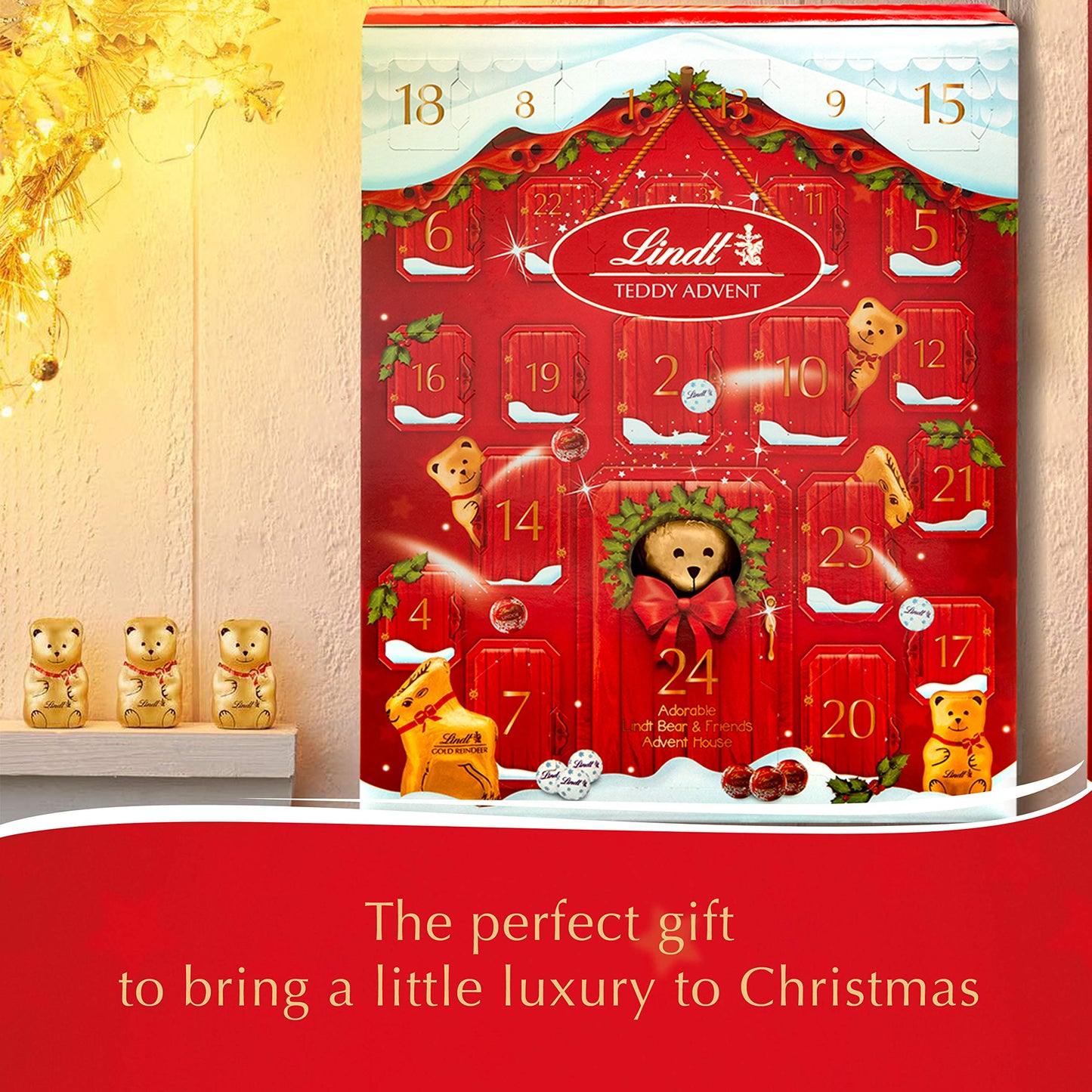 Lindt Teddy Adorable Milk Advent Calendar 250g - A selection of 24 finest Lindt Milk chocolates for a festive and magical countdown until Christmas