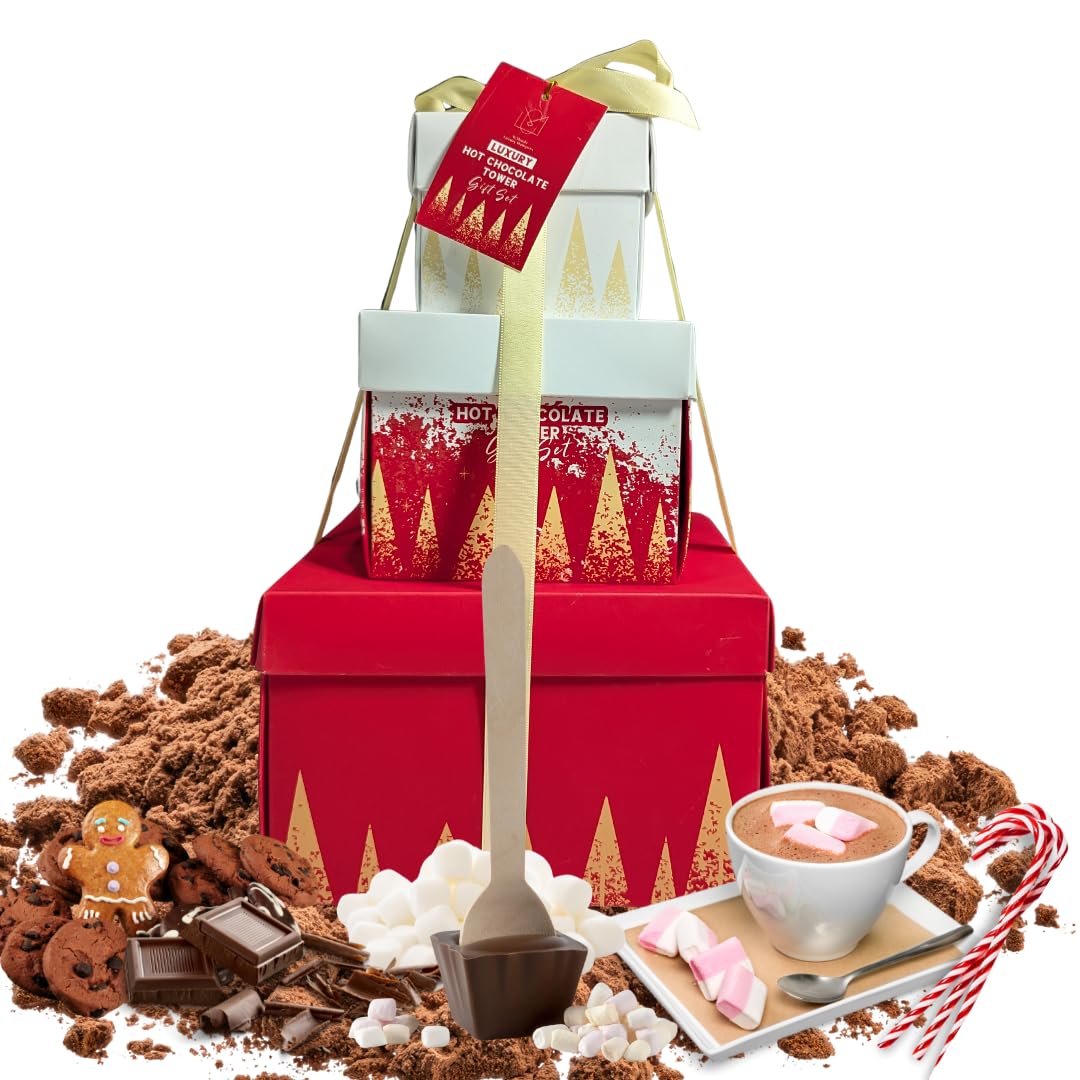 Luxury Hot Chocolate Station Tower Gift Set – Christmas Cocoa Kit with Marshmallows, Cookies, Gingerbread & Candy Canes – Festive Gift for Kids, Women, Men & Couples