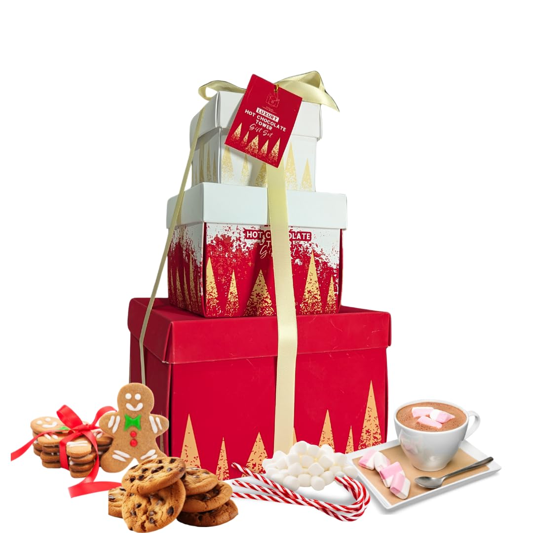 Luxury Hot Chocolate Station Tower Gift Set – Christmas Cocoa Kit with Marshmallows, Cookies, Gingerbread & Candy Canes – Festive Gift for Kids, Women, Men & Couples