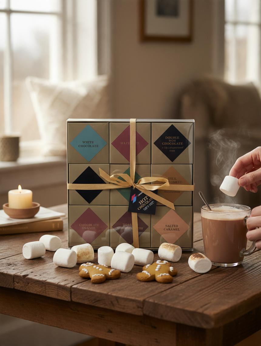 ICMinds Stores luxury hot chocolate gift set with 9 flavours, marshmallows, and gingerbread men on a wooden table.