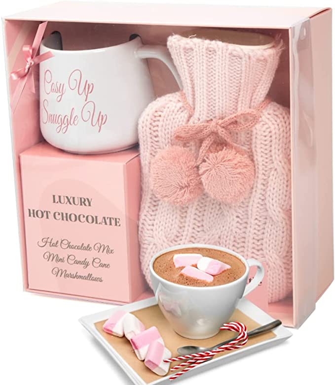 Hot Chocolate Mug Gift Set with Hot Water Bottle, Mini Marshmallows, and Christmas Candy Cane - Perfect Cozy Treat