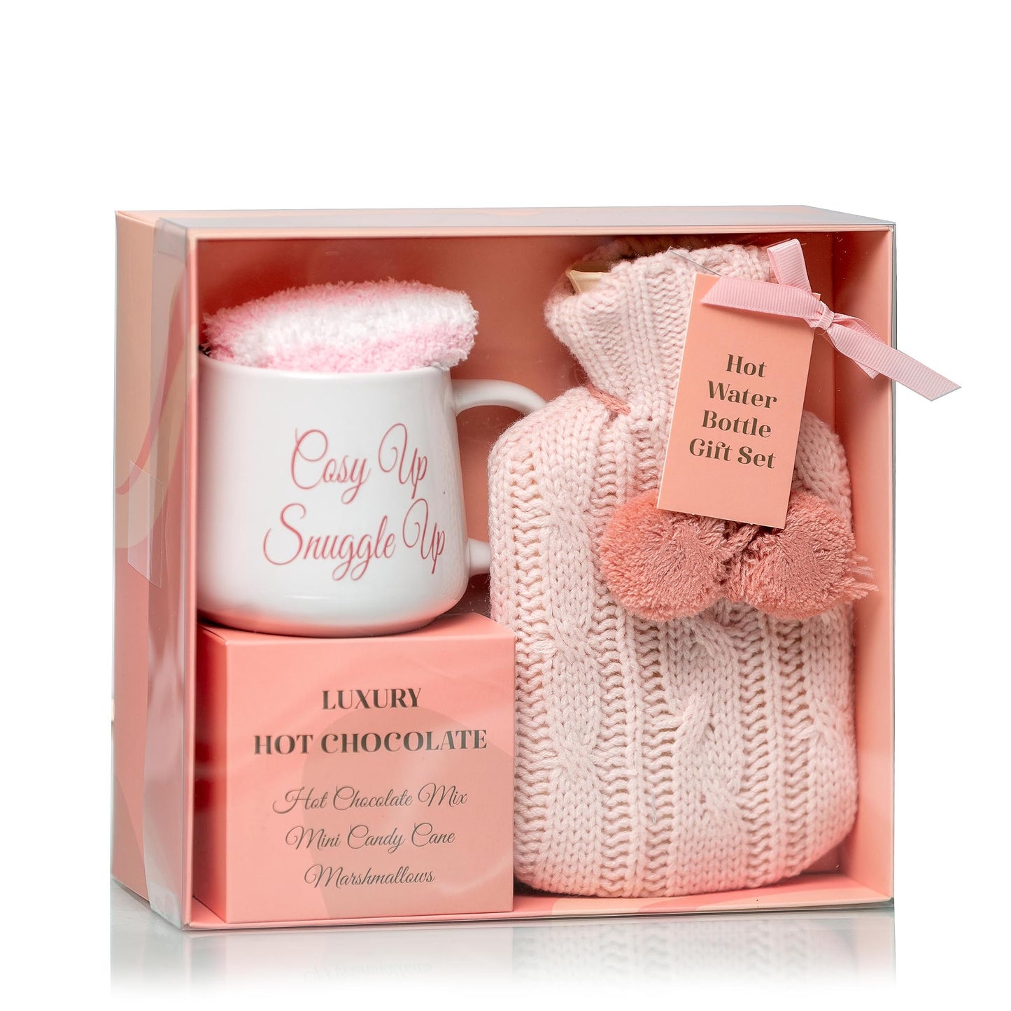 Hot chocolate mug gift set with hot water bottle mini marshmallows and christmas candy cane - cosy hot water bottle and hot chocolate gift set - gift set for women teen adults