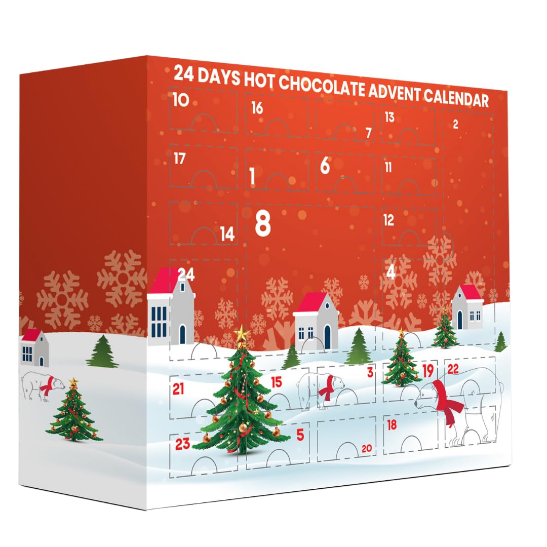 Hot chocolate advent calendar 2025 - luxury selection of flavoured hot chocolate with marshmallow toppers Christmas gingerbread men candy cane & hot chocolate stirrers with hot chocolate gifts & socks