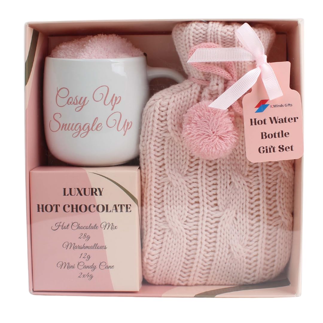 Hot chocolate mug gift set with hot water bottle mini marshmallows and christmas candy cane - cosy hot water bottle and hot chocolate gift set - gift set for women teen adults
