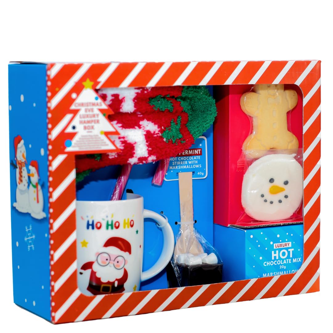 Christmas eve luxury gift hamper kids Christmas hot chocolate and marshmallow gift hamper with snowman socks, gingerbread house, candy cane, snowman mug and more gift set for kids toddlers