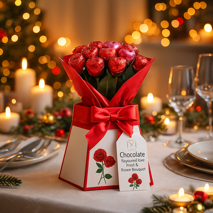 Chocolate Rose Bouquet Gift Box – 16-Piece Edible Flower Arrangement with Love Hearts | Valentine’s & Mother’s Day Gift