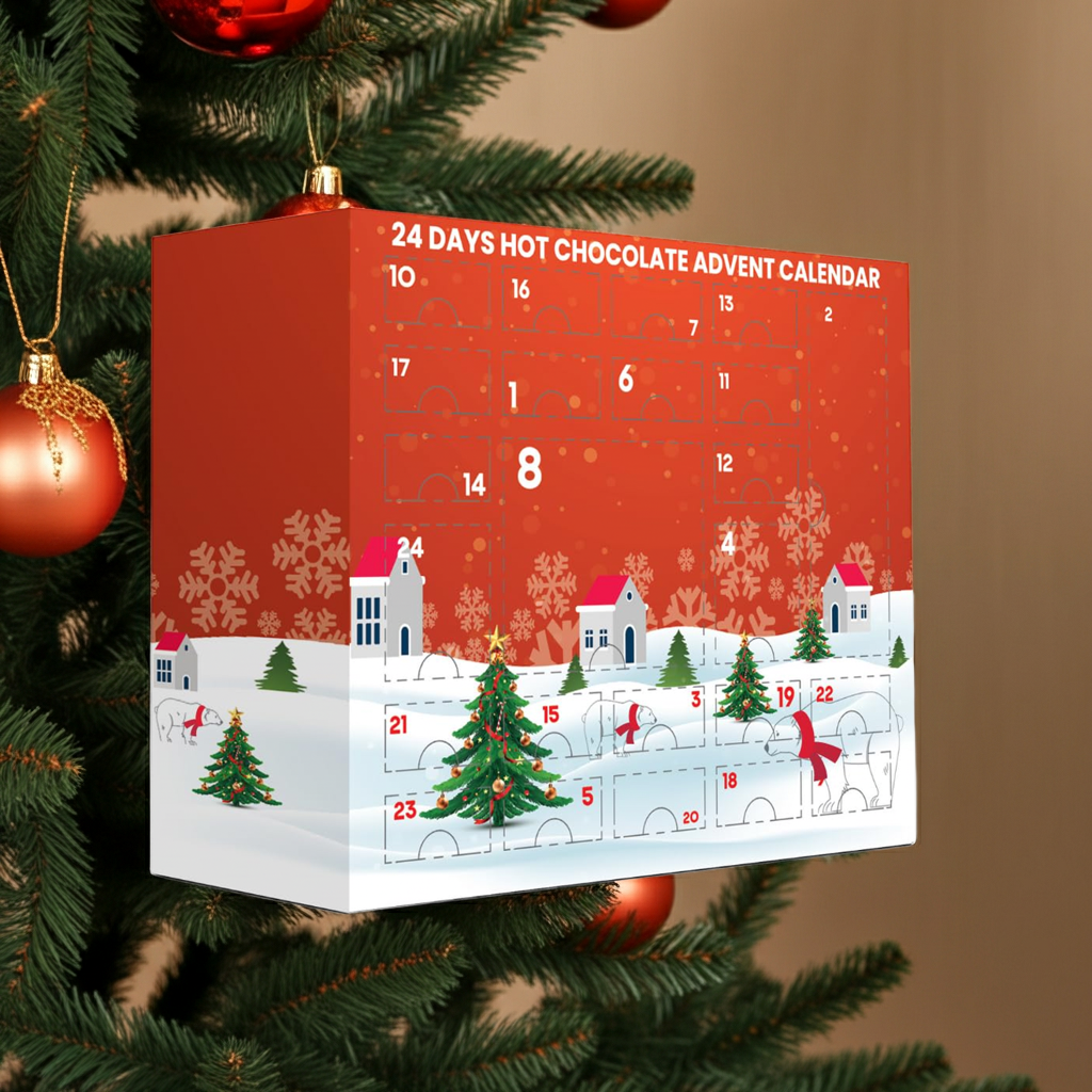 Luxury Hot Chocolate Advent Calendar 2025 – 24 Days of Flavoured Hot Chocolate with Marshmallow Toppers, Candy Cane, Gingerbread Men, Whisk, Stirrers & Cozy Socks – Premium Christmas Gift Set