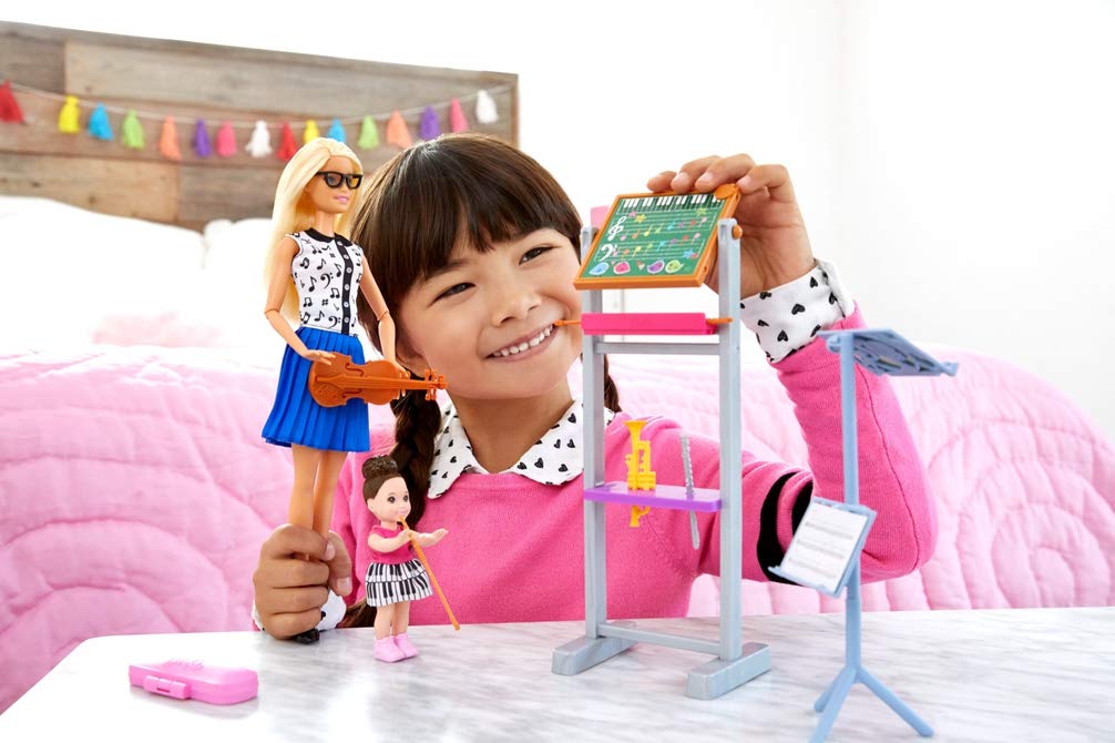 Barbie FXP18 Music Teacher Doll, Blonde and Playset with Flipping Chalkboard, Student Small Doll and 4 Musical Instruments, Multi-Colour ,3