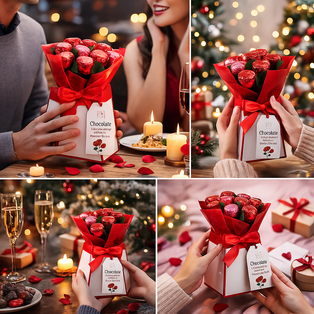 Chocolate Rose Bouquet Gift Box – 16-Piece Edible Flower Arrangement with Love Hearts | Valentine’s & Mother’s Day Gift