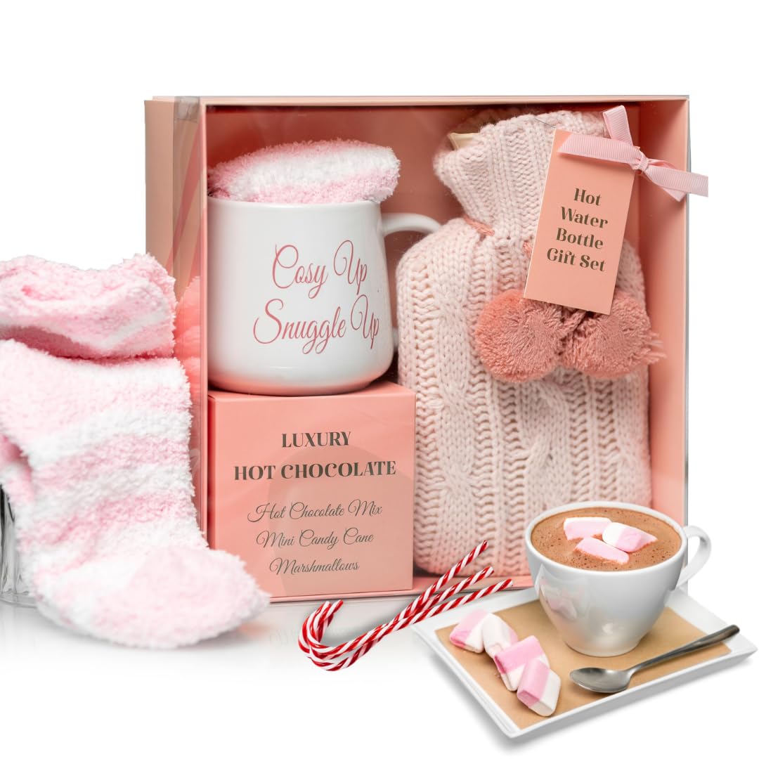 Hot chocolate mug gift set with hot water bottle mini marshmallows and christmas candy cane - cosy hot water bottle and hot chocolate gift set - gift set for women teen adults