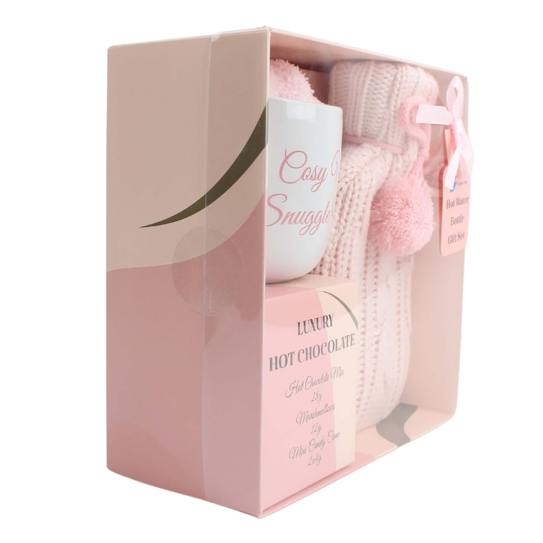 Hot chocolate mug gift set with hot water bottle mini marshmallows and christmas candy cane - cosy hot water bottle and hot chocolate gift set - gift set for women teen adults
