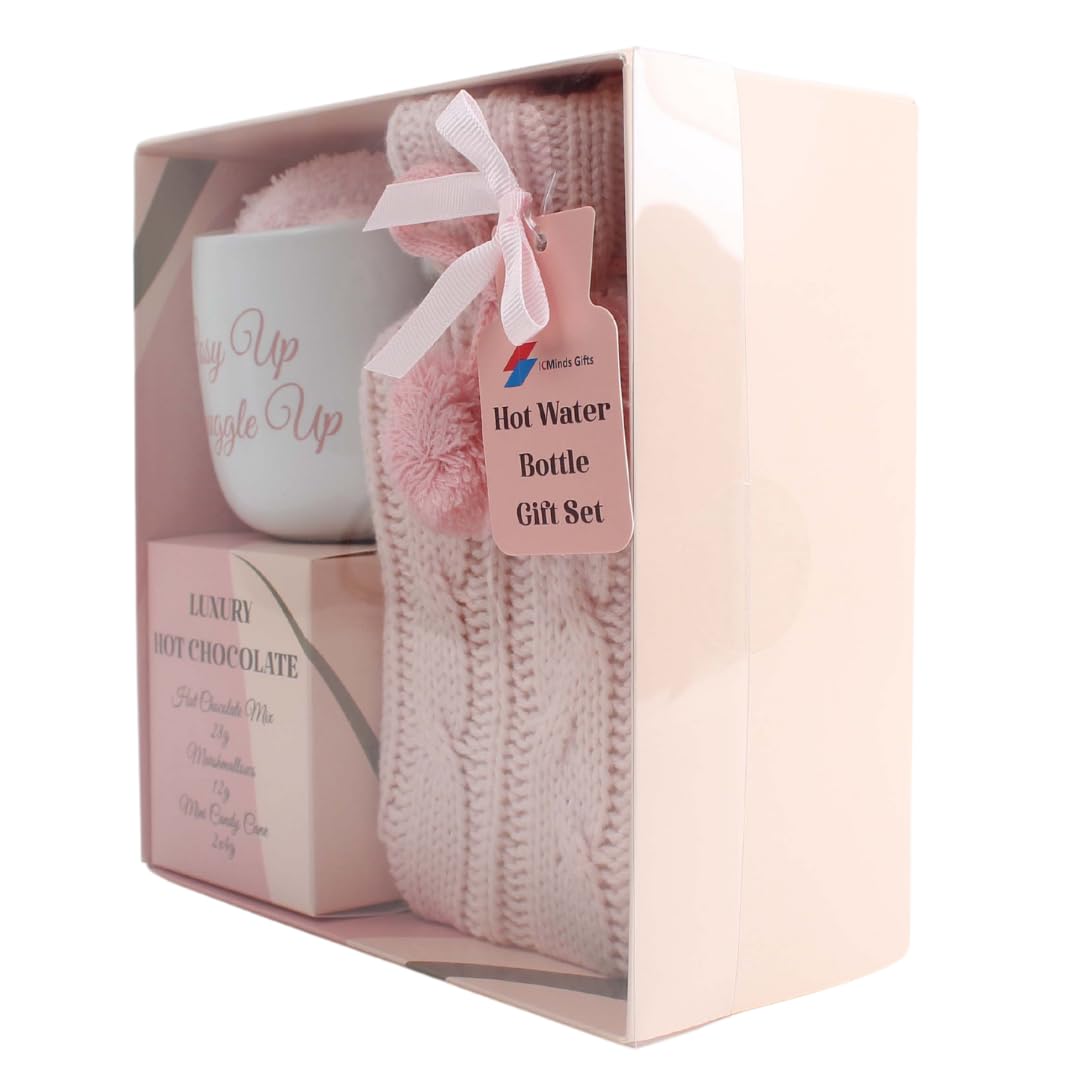 Hot chocolate mug gift set with hot water bottle mini marshmallows and christmas candy cane - cosy hot water bottle and hot chocolate gift set - gift set for women teen adults