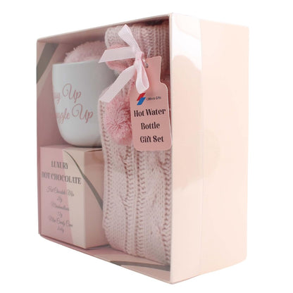 Hot chocolate mug gift set with hot water bottle mini marshmallows and christmas candy cane - cosy hot water bottle and hot chocolate gift set - gift set for women teen adults