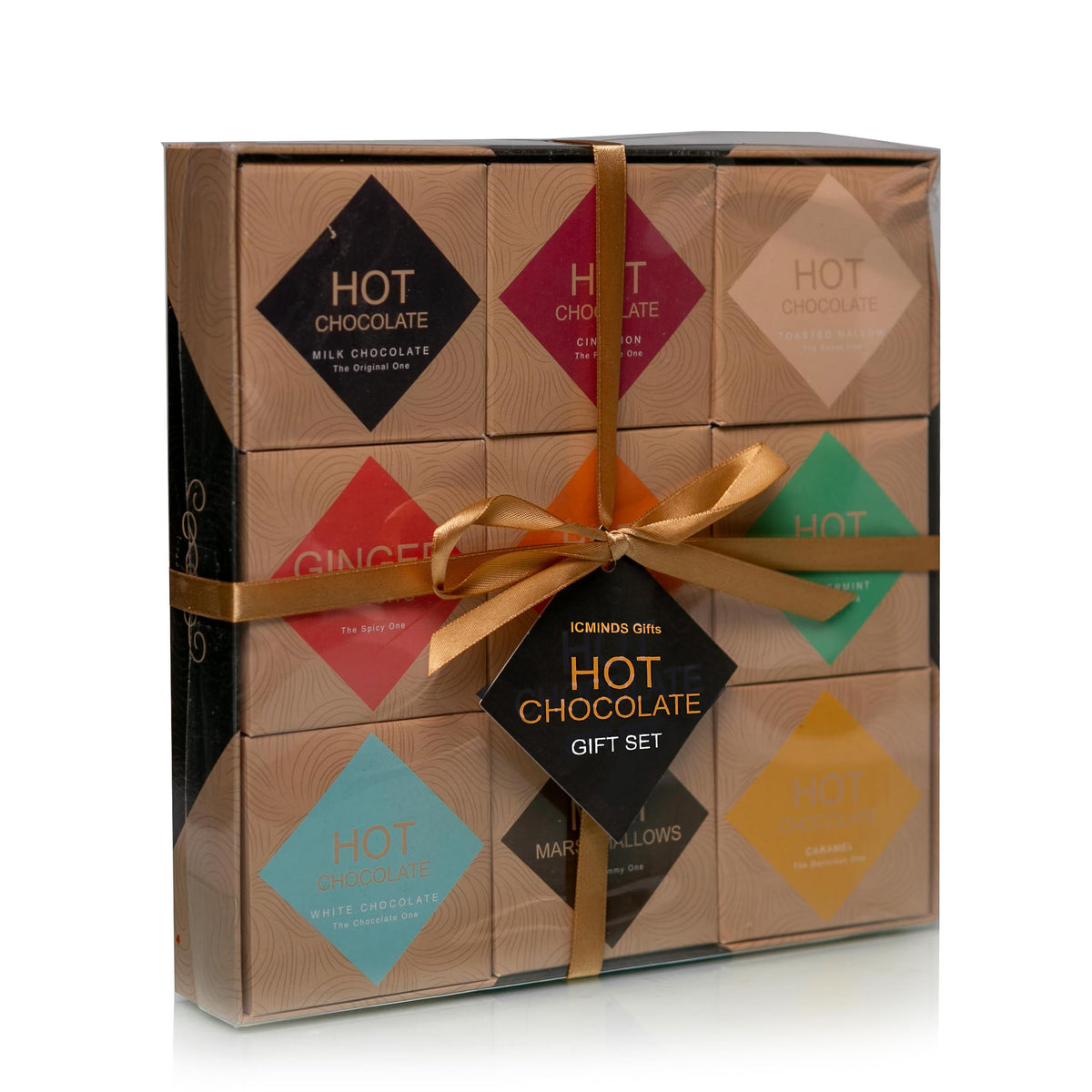 ICMinds Stores luxury hot chocolate gift set with 9 assorted flavour boxes, gold ribbon, and festive packaging.