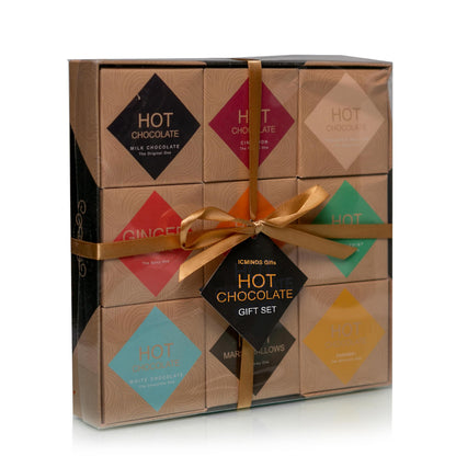 ICMinds Stores luxury hot chocolate gift set with 9 assorted flavour boxes, gold ribbon, and festive packaging.