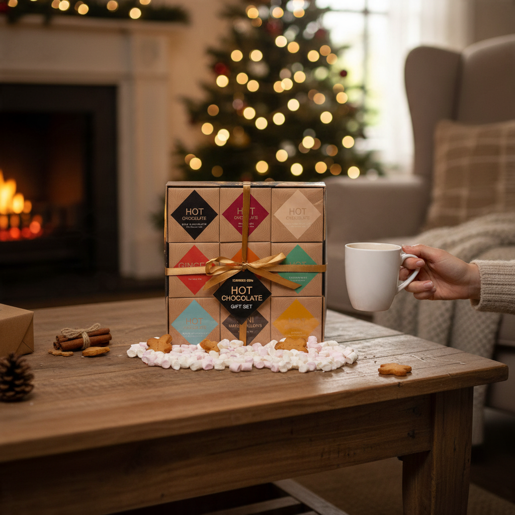 Christmas hot chocolate gift set beautifully presented for festive gifting
