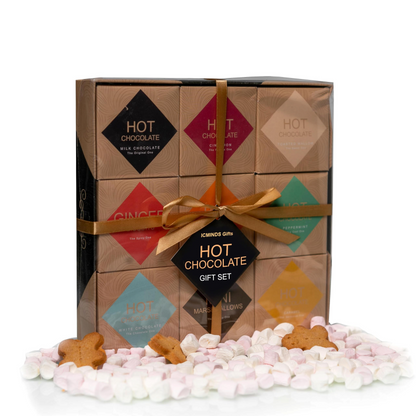 ICMinds Stores Luxury hot chocolate gift set with 9 flavours in a gold ribbon gift box
